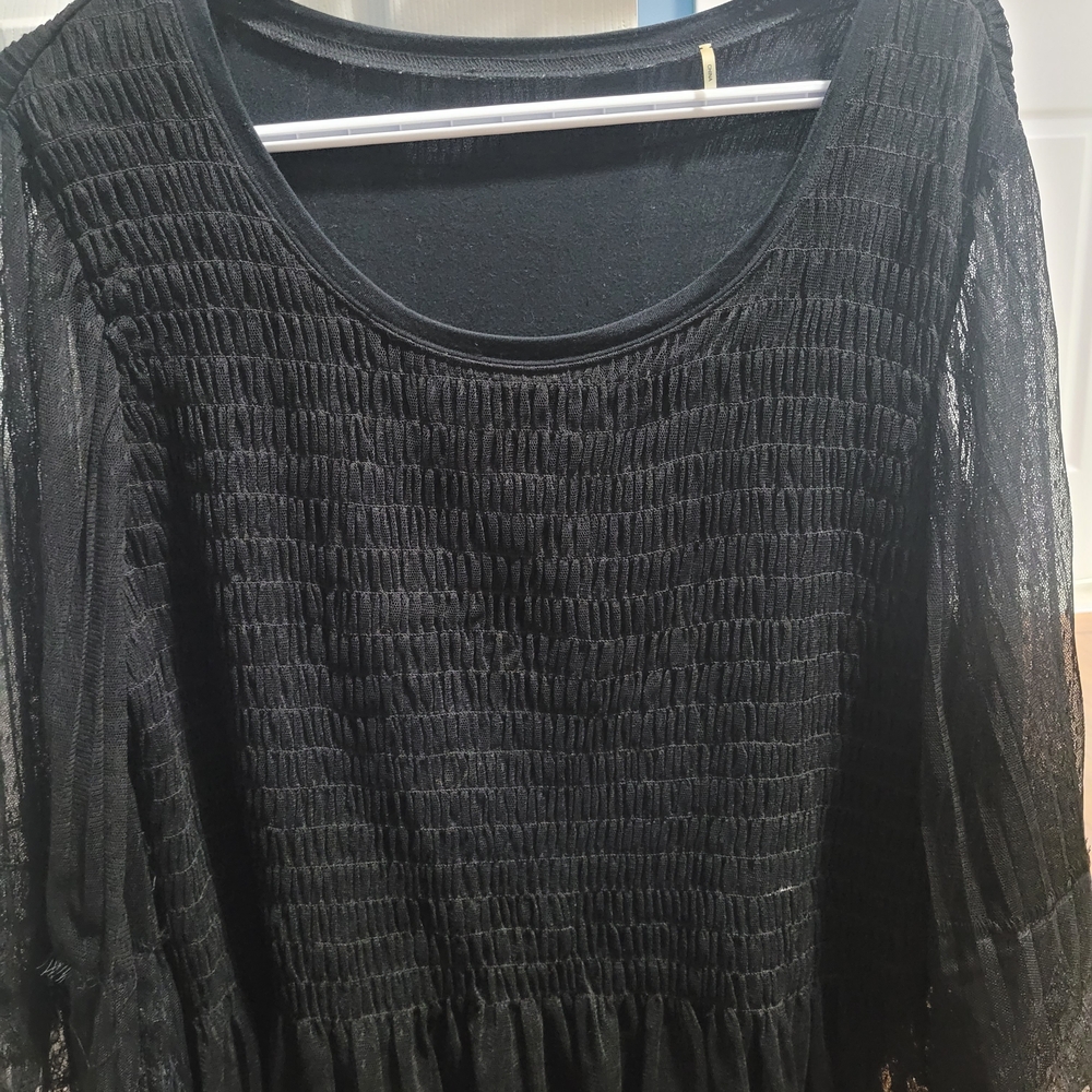 Black Smocked Bodice Sheer Sleeve Dress